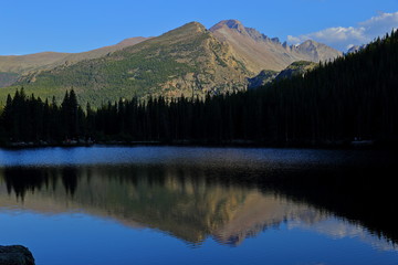 Bear Lake and reflection with mountains, Rocky Mountain National Park in Colorado, USA.