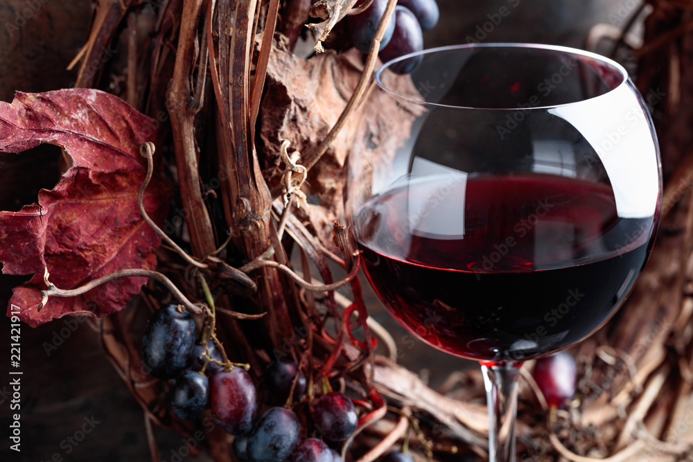 Wall mural glass of red wine with grapes and dried leaves.