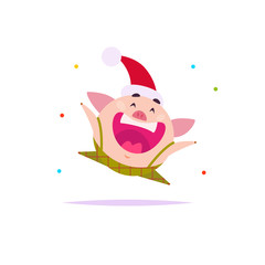 Vector flat illustration of funny little pig elf in santa hat jumping isolated on white background. Perfect for web banner, packaging holiday design, cards etc.