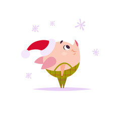 Vector flat illustration of funny little pig elf in santa hat standing and looking at falling snowflakes isolated on white background. Perfect for web banner, packaging holiday design, cards etc.