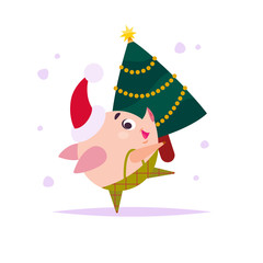 Fototapeta premium Vector flat illustration of funny little pig elf in santa hat carrying decorated small New year fir tree isolated on white background. Perfect for web banner, packaging holiday design, cards etc.