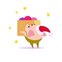 Vector flat illustration of funny little pig elf in santa hat holding box with New year decoration balls isolated on white background. Perfect for web banner, packaging holiday design, cards etc.