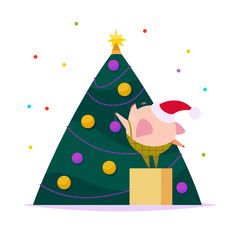 Vector flat illustration of funny little pig elf in santa hat decorating New year fir tree isolated on white background. Perfect for web banner, packaging holiday design, cards etc.