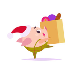 Vector flat illustration of funny little pig elf in santa hat carrying box with New year decoration balls isolated on white background. Perfect for web banner, packaging holiday design, cards etc.