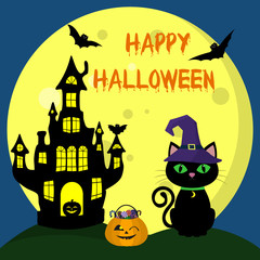 Happy Halloween. The Halloween cat in the witch hat sits on the background of the full moon. Next to the pumpkin with sweets. Black witch castle, bats.