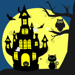 Happy Halloween. Helluinsky black cat sits next to the house of the witch. A tree, an owl, flying vampires, spiders, ghosts and a full moon at night.