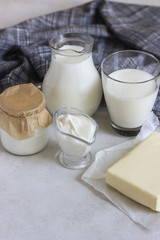 Different dairy products on a light background. Tasty healthy milk products.