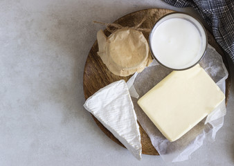 Different dairy products on a light background. Tasty healthy milk products.