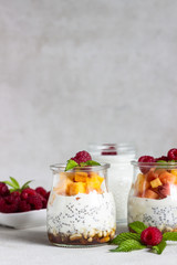 Vanilla chia seeds pudding in glasses with fresh raspberries and peaches. Healthy dessert breakfast.