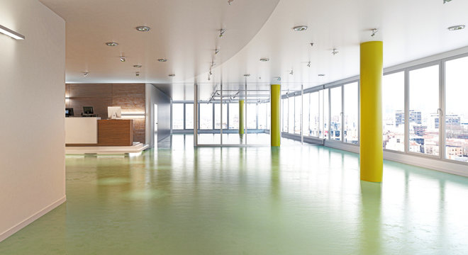 Panoramica di un centro commerciale vuoto, rendering 3d, illustrazione 3d