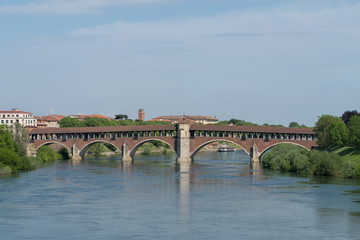 Ponte Coperto bridge (covered bridge) and Ticino river, Pavia, Lombardy region, Italy