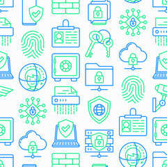 Security and protection seamless pattern with thin line icons: mobile security, fingerprint, badge, firewall, face ID, secure folder, shredder, bank safe, encrypted messaging. Vector illustration.