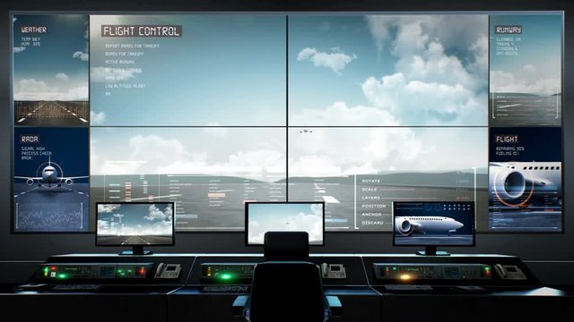 3D Airplane take off on a runway with Airport control tower room. travel.world tour. 4k animation.1