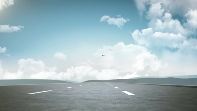 3D Airplane take off on a runway with airport. travel.world tour. 4k animation.