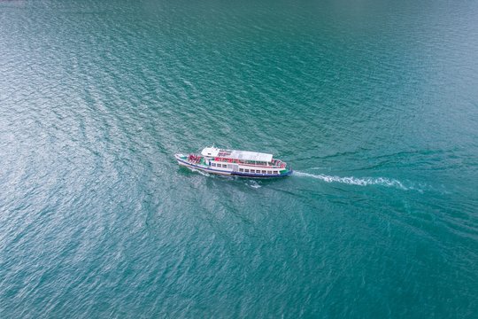 Aerial drone view on touristic boat
