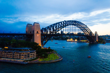 Harbour harbor bridge sydney steel construction with suspension technology connecting downtown city centre across the sea ocean