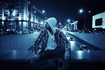 man night city lights, urban lonely guy concept, stress, road, car city lights in the background