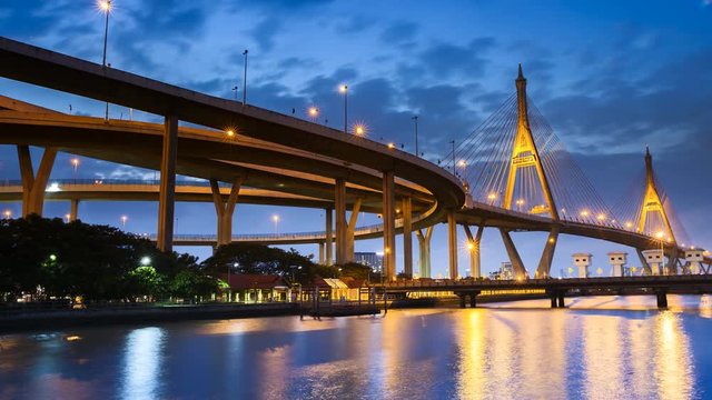 Time laps at sunset timing of longest Thailand bridge across river located Bangkok Thailand