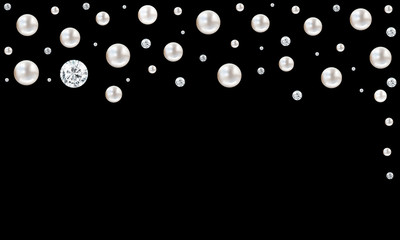 Many small and big white pearls and diamonds on black background
