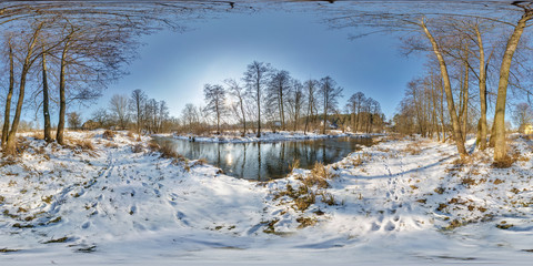 full seamless spherical panorama 360 by 180 degrees angle view near a narrow fast river in a winter sunny evening in equirectangular projection, skybox VR AR virtual reality content