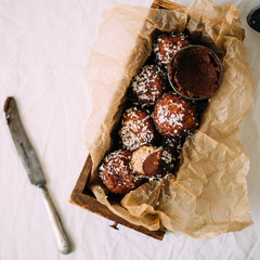 Cottage cheese fried donuts with chocolate