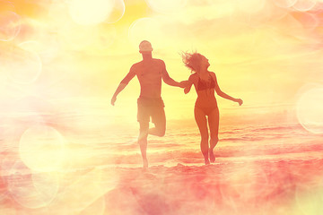 silhouette in love sunset sea / newlyweds in honeymoon at sea, vacation luck summer sea beach, silhouette couple at sunset
