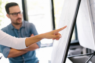 Business people discussing over whiteboard. Close-up.