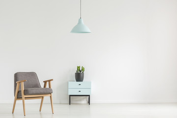 Grey wooden armchair next to cabinet with plant in white minimal flat interior with lamp. Real photo