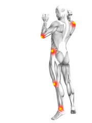 Conceptual human muscle anatomy with red and yellow hot spot inflammation or articular joint pain for health care therapy or sport concepts. 3D illustration man arthritis or bone osteoporosis disease