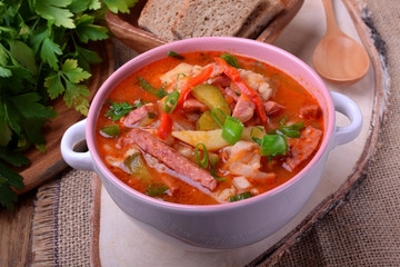 Rassolnik soup with pickled cucumbers. Russian cuisine meal