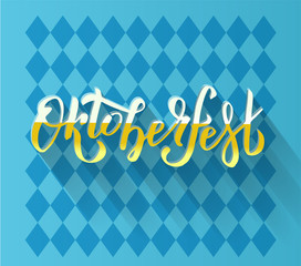 Oktoberfest handwritten lettering logotype on blue Bavarian pattern. Beer Festival vector banner. yellow white lettering typography for poster, card. Word is filled with foamy beer, cast long shadow