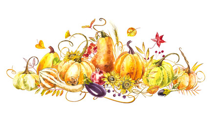 Obraz na płótnie Canvas Pumpkins composition. Hand drawn watercolor painting on white background. Watercolor illustration with a splash. Happy Thanksgiving Pumpkin.