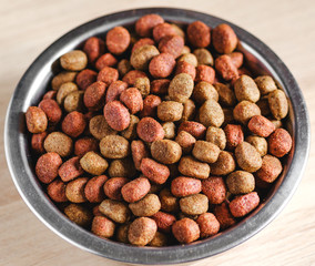 Dry dog food in a bowl. Food background - 221442562