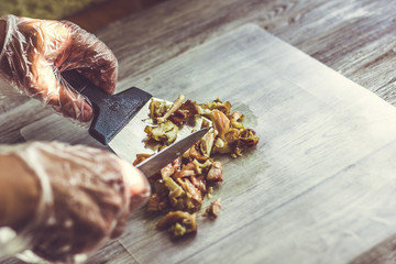small cutting of chicken meat close up. Donor kebab cooking