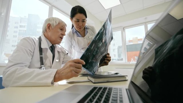 Professional female practitioner discussing x-ray image with elderly male doctor while coworking in hospital