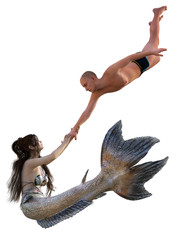 mermaid seduces young man under water - mermaid and young man - isolated on white - 3d render