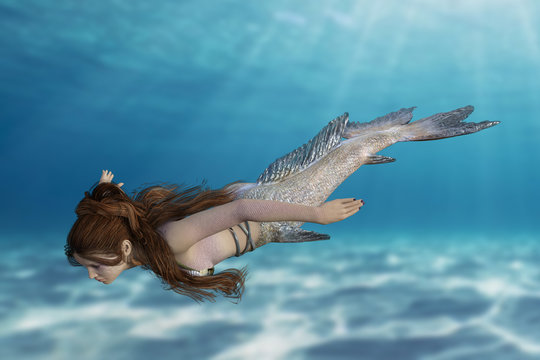 mermaid woman swimming under water - portrait of a mermaid - 3d render
