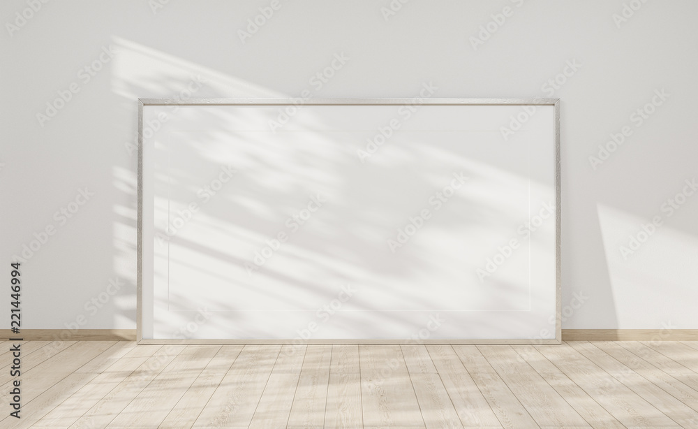 Poster large horizontal frame leaning on a white wall 3d rendering