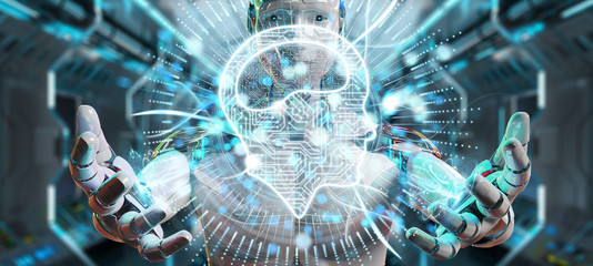 White humanoid using digital artificial intelligence icon hologram 3D rendering