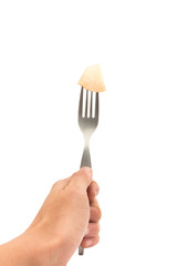 peach piece on fork isolated on white background