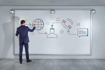 Businessman drawing thin line social network icons interface