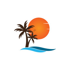 Fototapeta na wymiar Palm tree on a beach logo design template