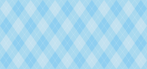 Argyle vector pattern. Light blue with thin white dotted line. Seamless geometric background for fabric, textile, men's clothing, wrapping paper. Backdrop for Little Man  (baby boy) party invite card  - obrazy, fototapety, plakaty