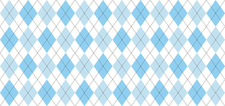 Argyle vector pattern. Light blue and white squares with thin black dotted line. Seamless geometric background for men's clothing, wrapping paper. Backdrop for Little Man (baby boy) party invite card 