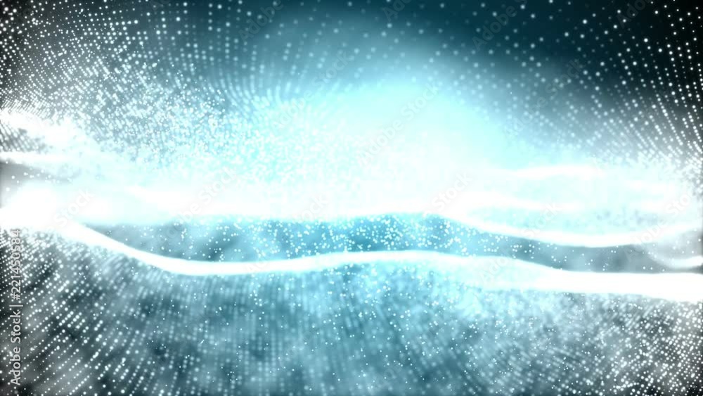 Poster Camera slowly slides between two organic blue fields formed by illuminated particles. Abstract science, technology and engineering motion background. Depth of field settings. 3D rendering.
