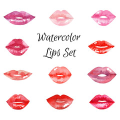 Women's lips set. Hand drawn watercolor lips isolated on white background.  Fashion and beauty illustration. Sexy kiss. Design for beauty salon, make-up studio, makeup artist, meeting website. 