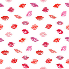 Women's lips pattern. Hand drawn watercolor lips isolated on white background.  Fashion and beauty illustration. Sexy kiss. Design for beauty salon, make-up studio, makeup artist, meeting website. 