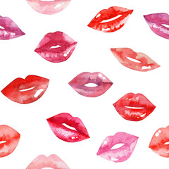 Women's lips pattern. Hand drawn watercolor lips isolated on white background.  Fashion and beauty illustration. Sexy kiss. Design for beauty salon, make-up studio, makeup artist, meeting website. 