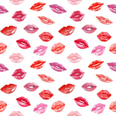 Women's lips pattern. Hand drawn watercolor lips isolated on white background.  Fashion and beauty illustration. Sexy kiss. Design for beauty salon, make-up studio, makeup artist, meeting website. 