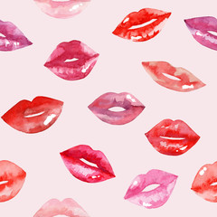 Women's lips pattern. Hand drawn watercolor lips isolated on white background.  Fashion and beauty illustration. Sexy kiss. Design for beauty salon, make-up studio, makeup artist, meeting website. 